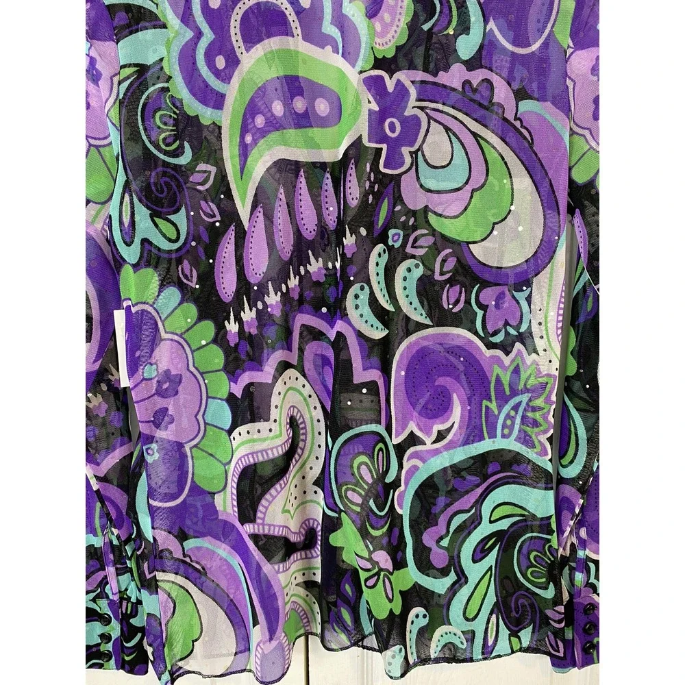 Erin London Small Sheer Abstract Print Top Purple Green Mod Retro Artsy